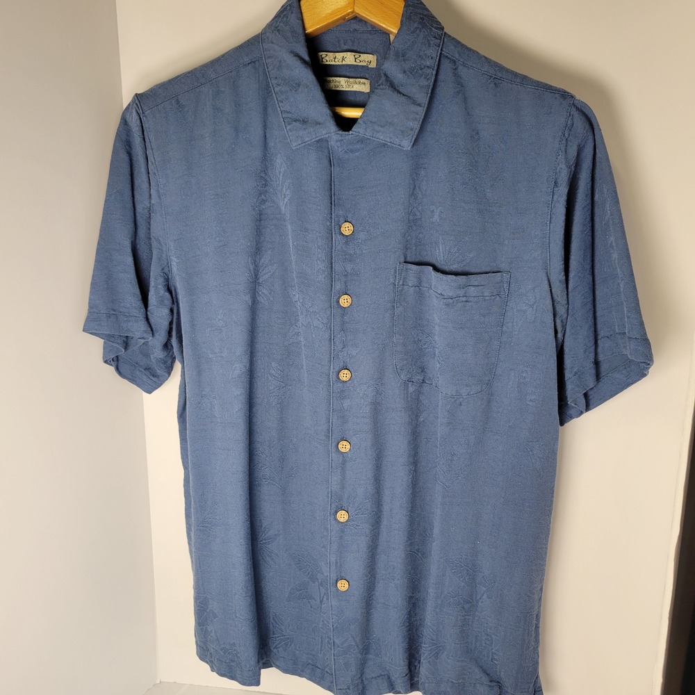 Batik Bay Mens Blue 100% Silk Tropical Jacquard Short Sleeve Camp Shirt Medium